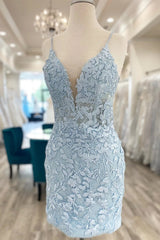 Prom Dresses Shop, V Neck Light Blue Short Lace Prom Dresses, Light Blue Short Blue Lace Graduation Homecoming Dresses