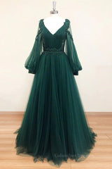 Prom Dresses Long Light Blue, V Neck Long Sleeves Green Lace Prom Dresses, V Neck Green Lace Formal Evening Dresses