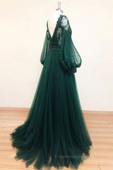 Prom Dresses Light Blue Long, V Neck Long Sleeves Green Lace Prom Dresses, V Neck Green Lace Formal Evening Dresses