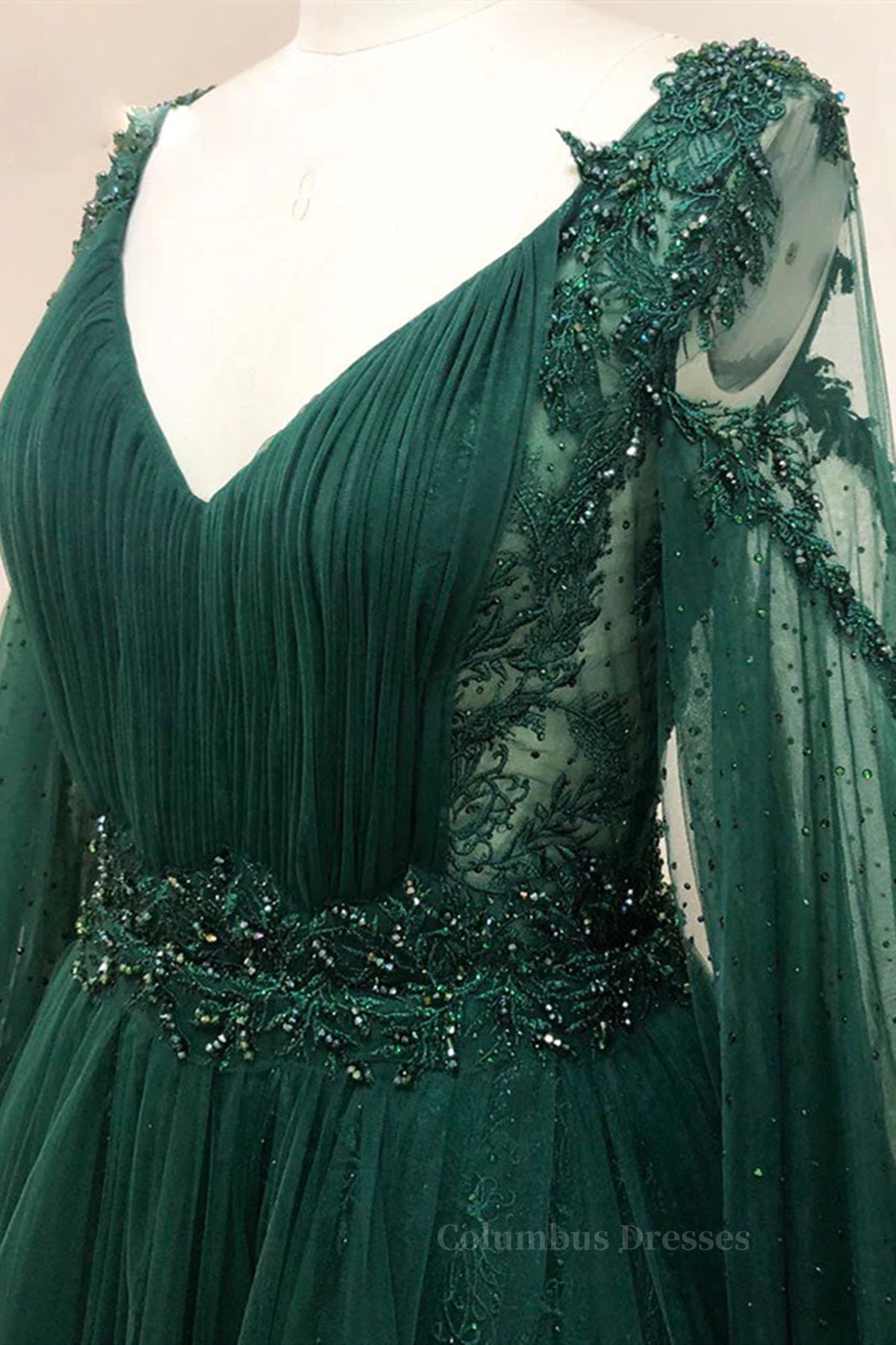 Prom Dress Long Sleeve Ball Gown, V Neck Long Sleeves Green Lace Prom Dresses, V Neck Green Lace Formal Evening Dresses