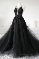 Evening Dress Gowns, V Neck Open Back Black Tulle Lace Floral Long Prom Dresses, Black Lace Formal Evening Dresses with Appliques