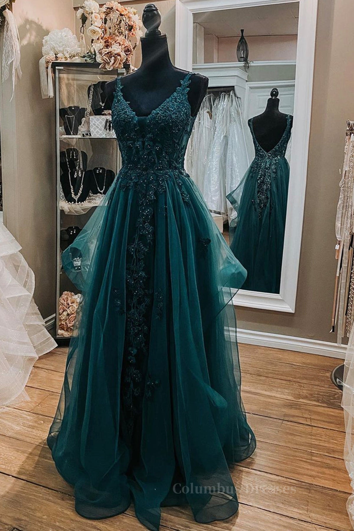 Evening Dress Long Sleeve Maxi, V Neck Open Back Dark Green Lace Beaded Long Prom Dresses, Dark Green Lace Formal Dresses, Dark Green Evening Dresses