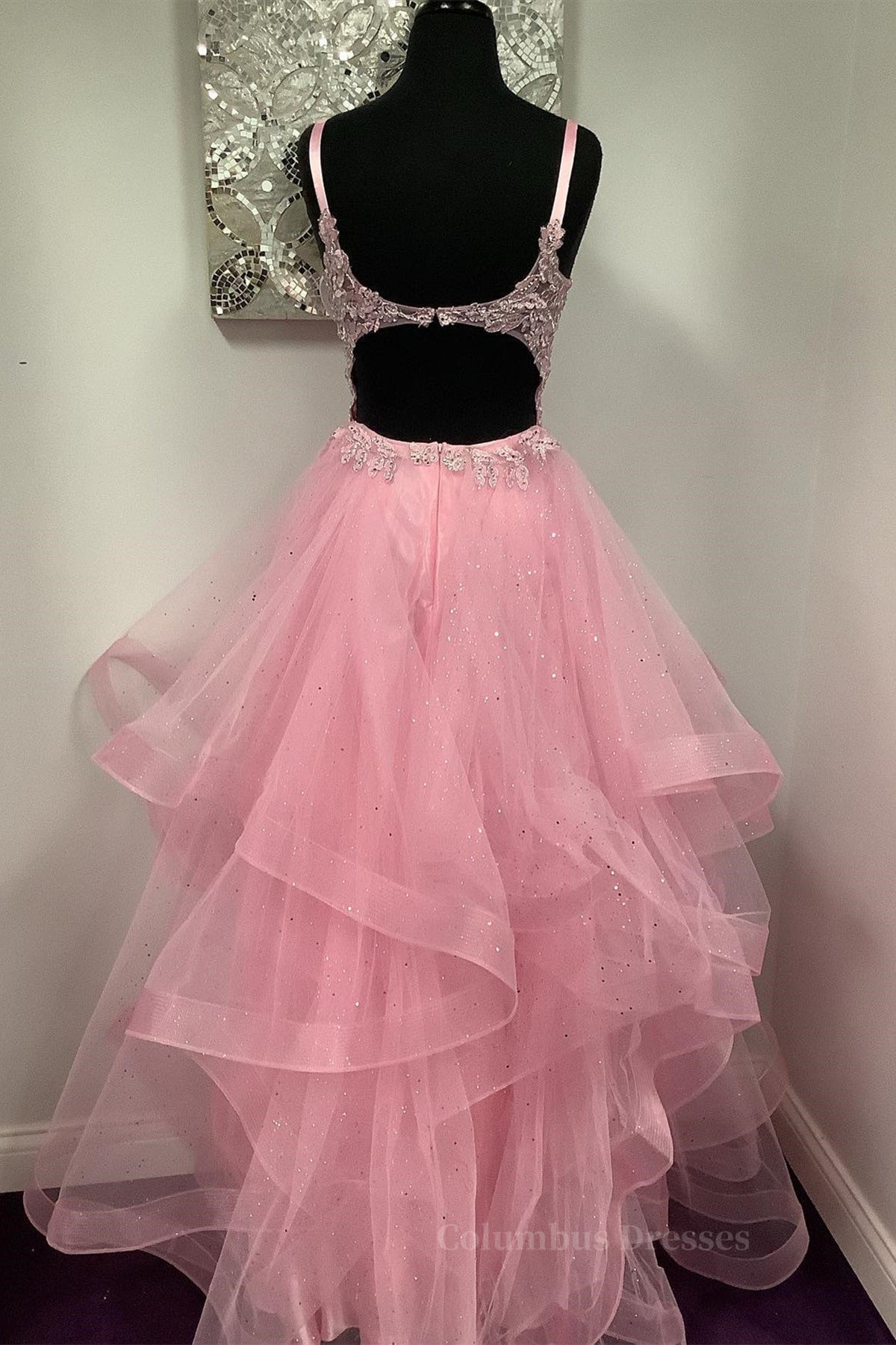 Homecoming Dress Blue, V Neck Open Back Pink Lace Puffy Tulle Long Prom Dresses, Pink Lace Formal Dresses, Pink Evening Dresses