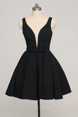 Party Dresses, V Neck Open Back Short Black Prom Dresses, V Neck Black Homecoming Dresses, Black Formal Evening Dresses