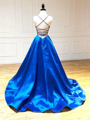 Prom Dresse Backless, V Neck Royal Blue Backless Prom Dresses, Royal Blue Backless Formal Graduation Evening Dresses