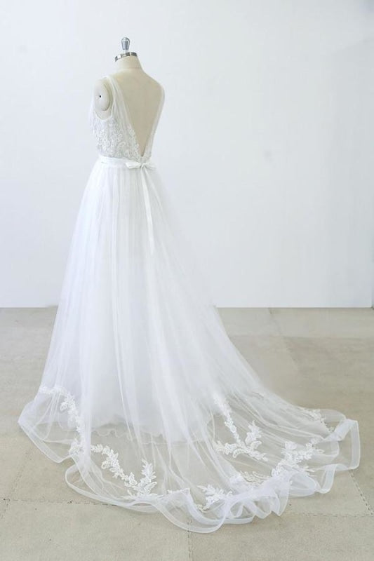 Wedding Dress Train, V-neck Ruffle Applqiues Tulle A-line Wedding Dress