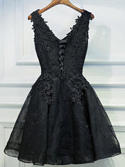 Party Dresses Long Sleeve, V Neck Short Black Lace Prom Dresses, Short Black Lace Graduation Homecoming Dresses