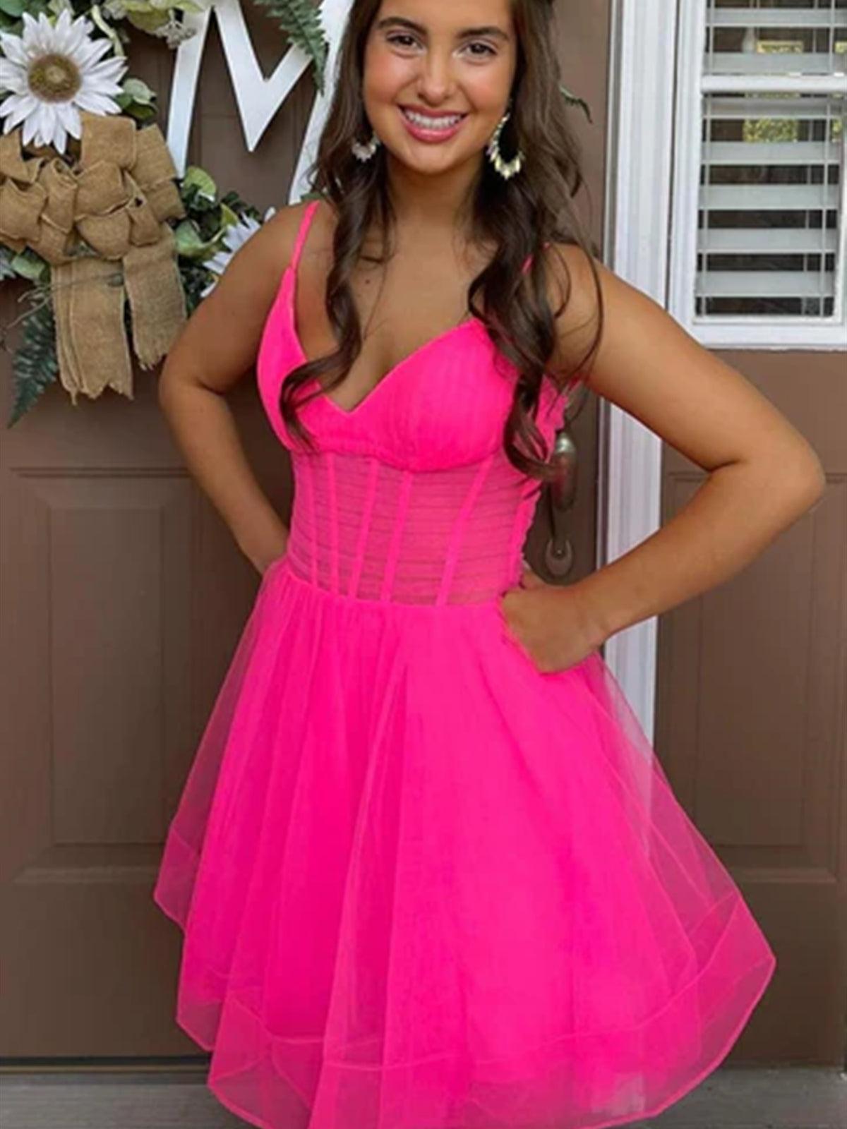 Short Dress, V Neck Short Pink Black Prom Dresses, Short V Neck Formal Homecoming Dresses