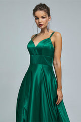 Bridesmaids Dresses Champagne, V-Neck Spaghetti Strap with Pocket Side Slit Special Long Prom Dresses