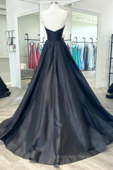 Homecomming Dress Black, V Neck Strapless Black Satin Long Prom Dresses, Strapless Black Formal Dresses, Long Black Evening Dresses