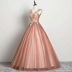 Prom Dresses Nearby, V-neckline Tulle Ball Gown Pink Sweet 16 Dresses, Ball Gown Lace Applique Quinceanera Dress