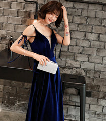 Homecoming Dress Classy Elegant, Velvet Straps Long V-neckline Long Party Dress, Velvet Bridesmaid Dresses