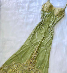 Vintage A Line Spaghetti Straps Green Long Lace Evening Dress Prom Dresses Birthday Outfits