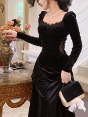 Vintage Balck Long Sleeve Dress Woman Elegant Fashion Velvet Prom Dresses