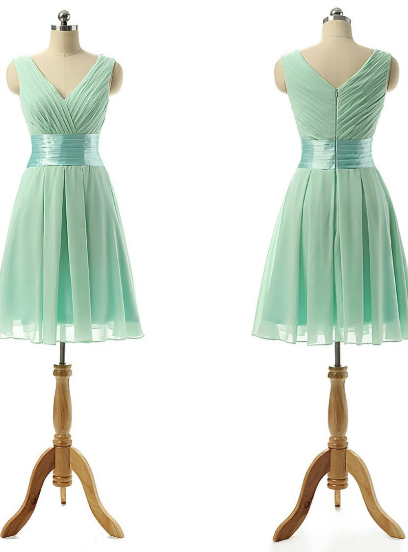 Vintage Bridesmaid Dress with a Ribbon Light Green V-neck Bridesmaid Dresses with Soft Pleats