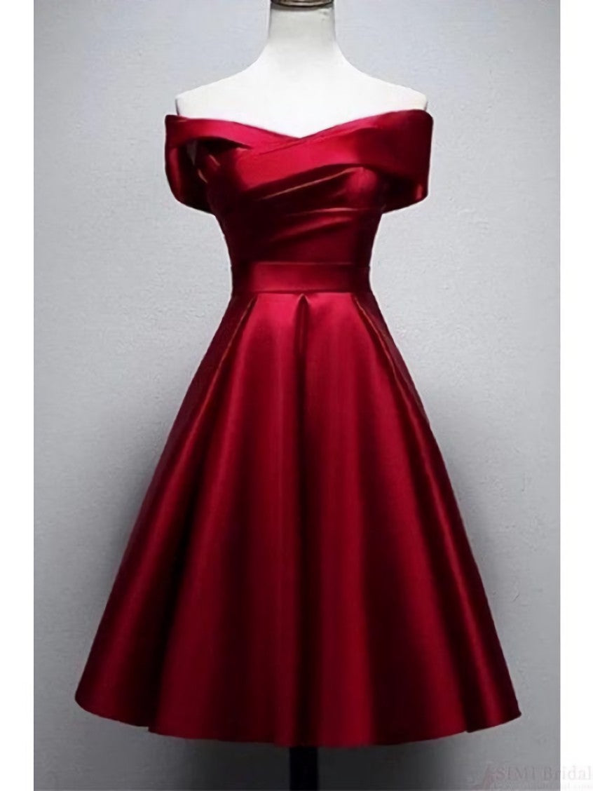 Prom Dresses Shop, Vintage Burgundy Knee Length Satin Homecoming Dresses