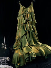 Vintage Green Tiered Flounce Long Prom Dress Party Evening Gown