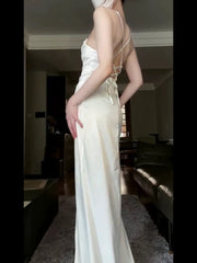 Vintage Mermaid Spaghetti Straps White Satin Long Birthday Dress Prom Dresses