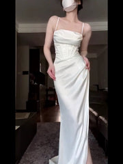 Vintage Mermaid Spaghetti Straps White Satin Long Birthday Dress Prom Dresses