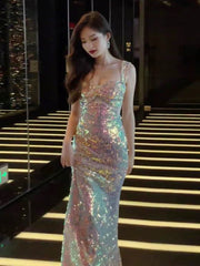 Vintage Mermaid Straps Sequin Backless Long Birthday Dress Prom Dresses