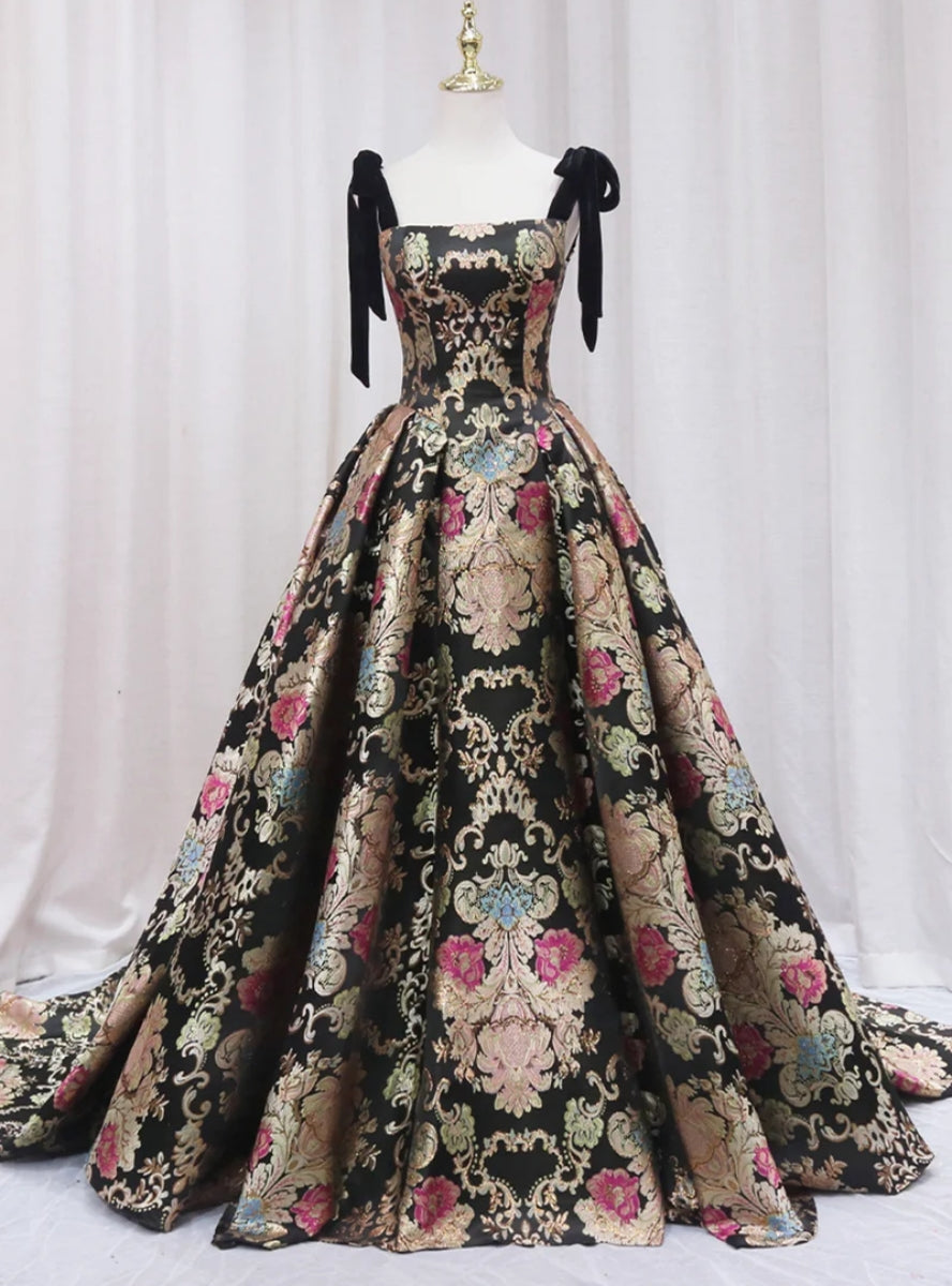 Vintage Print Floral Straps Prom Dress