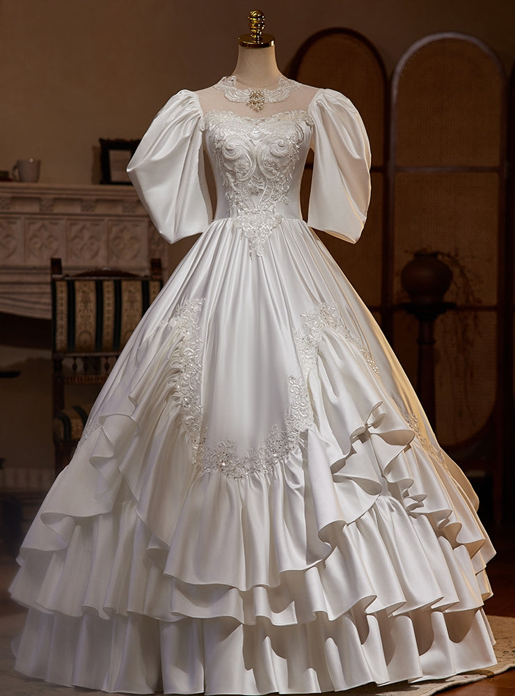 Vintage White Satin Puff Sleeve Appliques Wedding Dress