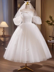 Vintage White Tulle Puff Sleeve Wedding Dress