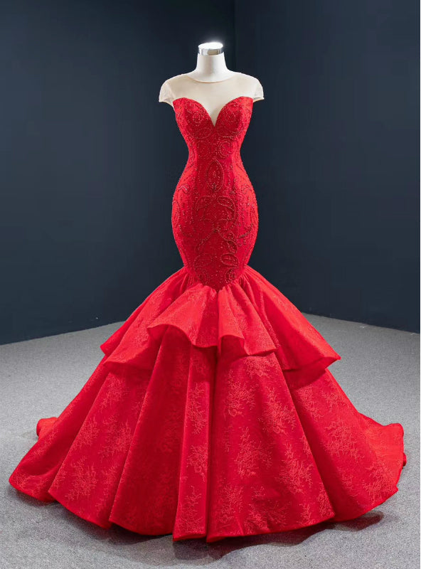 We Offer a Large Numbers Of Red Mermaid Lace Cap Sleeve Beading See Through Neck Prom Dress