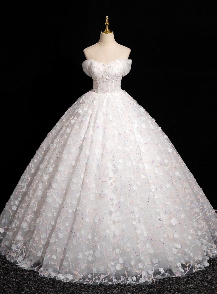 White 3D Flower Tulle Off the Shoulder Quinceanera Dress