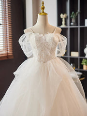 White A-Line Sweetheart Neck Lace Tulle Long Prom Dress, White Long Formal Dress