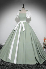 White and Green Floor Length Prom Dress, Lovely A-Line Short Sleeve Evening Party Dress