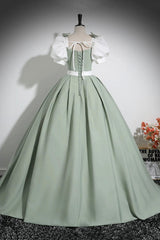 White and Green Floor Length Prom Dress, Lovely A-Line Short Sleeve Evening Party Dress