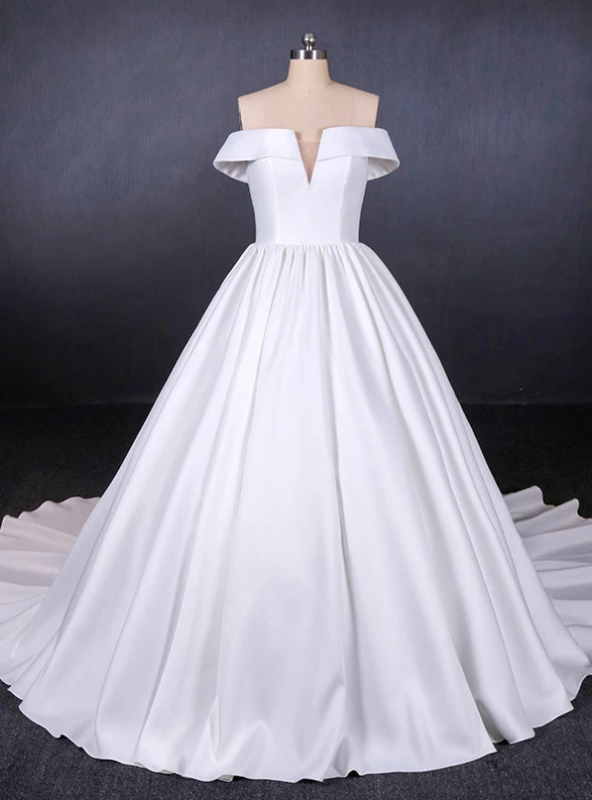 White Ball Gown Satin Off the Shoulder Pleats Wedding Dress