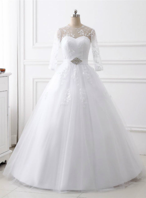 White Ball Gown Tulle Long Sleeve Backless Wedding Dress With Belt