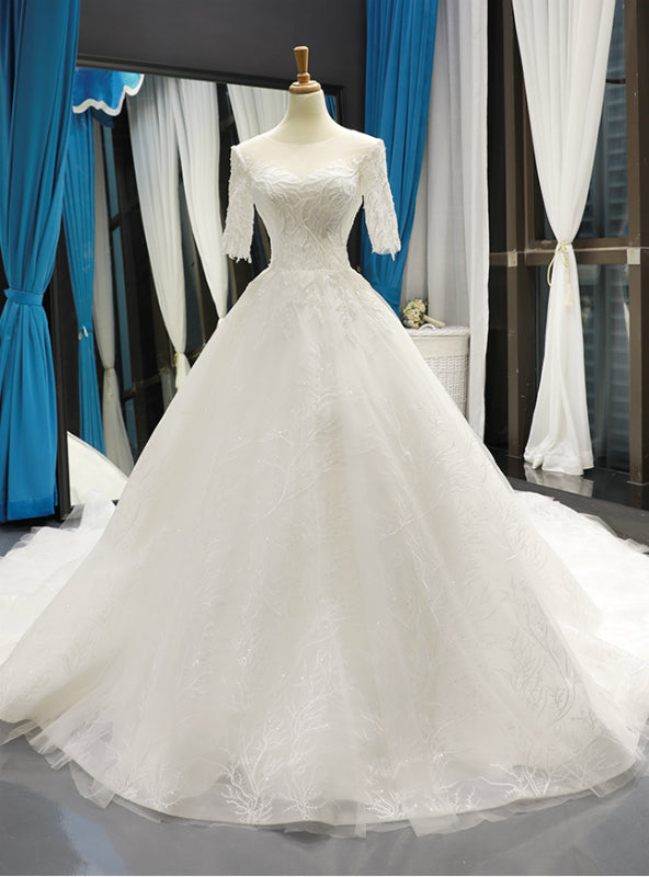 White Ball Gown Tulle Short Sleeve Backless Wedding Dress With Beading