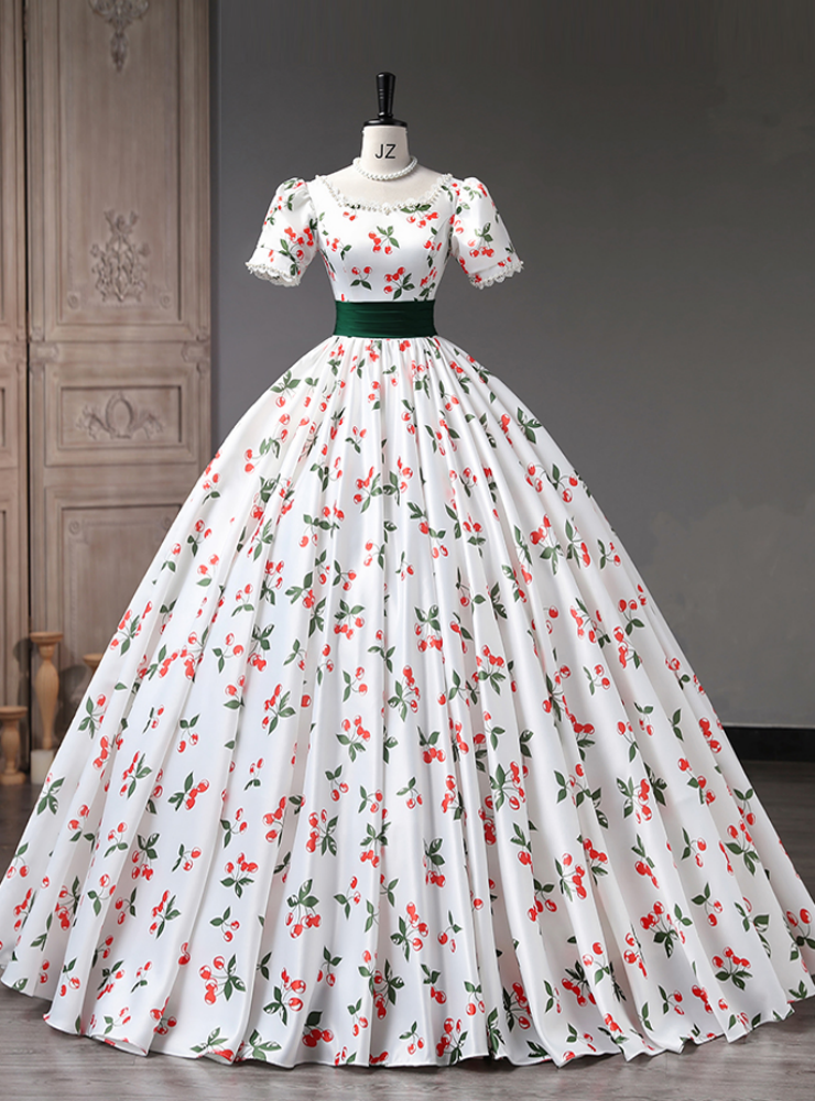 White Cherry Print Short Sleeve Quinceanera Dress