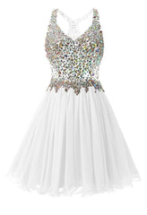 White Chiffon Crystal Homecoming Dress