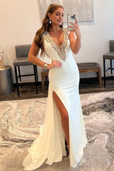 White Deep V-Neck Backless Prom Dress with Beading