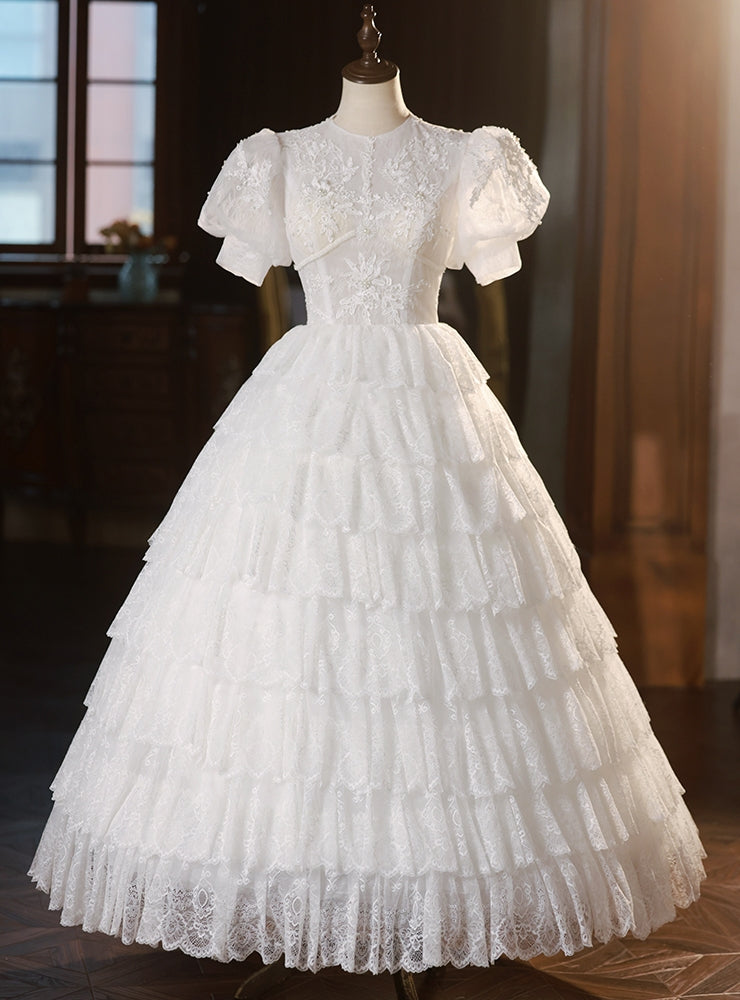 White Lace Short Sleeve Tiers Wedding Dress