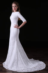 Wedding Dresses Vintage Lace, White Lace Sleeves Button Back Mermaid Wedding Dresses