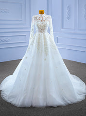 White Long Sleeve High Neck Beading Wedding Dress