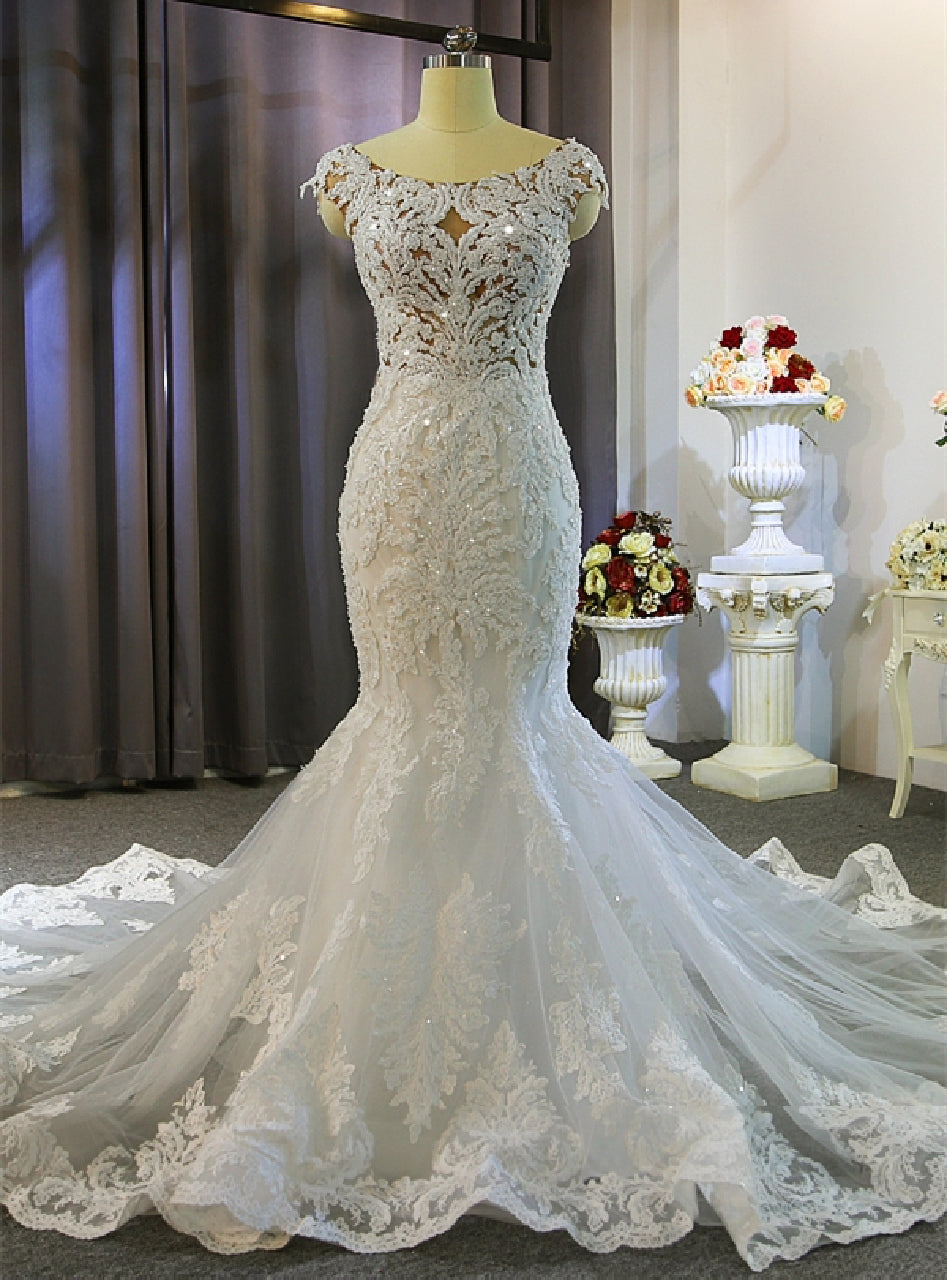 White Mermaid Appliques Beading Wedding Dress