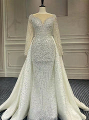 White Mermaid Heavy Beading Long Sleeve Backless Wedding Dress