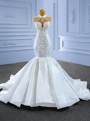 White Mermaid High Neck Appliques Beading Wedding Dress