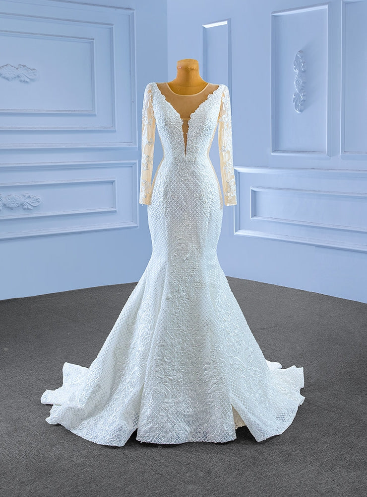 White Mermaid Long Sleeve Appliques Wedding Dress