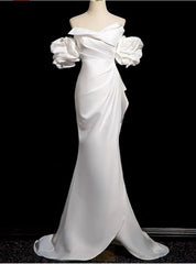 White Mermaid Satin Pleats Puff Sleeve Wedding Dress