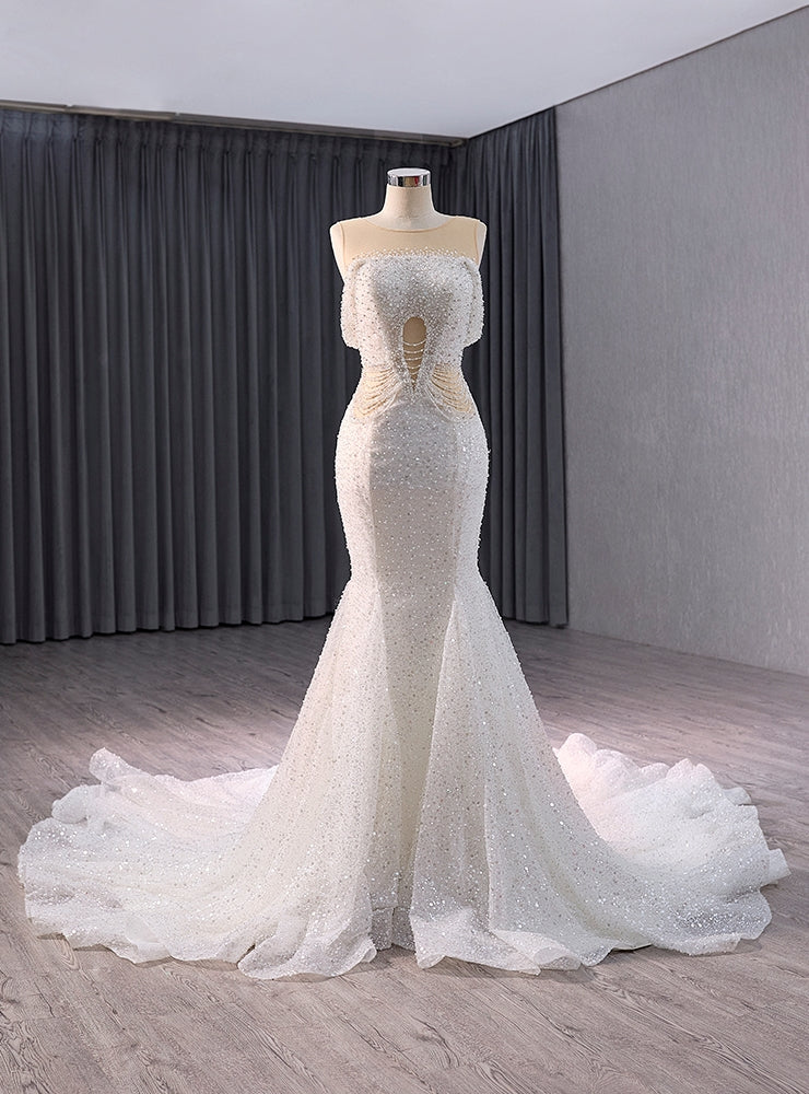 White Mermaid Sequins Beading See Through Wedding Dress