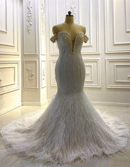 White Mermaid Sequins Pearls Feather Wedding Dress