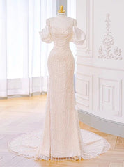 White Mermaid Sequins Pearls Wedding Dress With Train