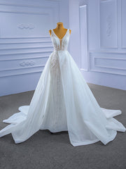 White Mermaid Tulle Beading Pearls V-neck Wedding Dress With Detachable Train